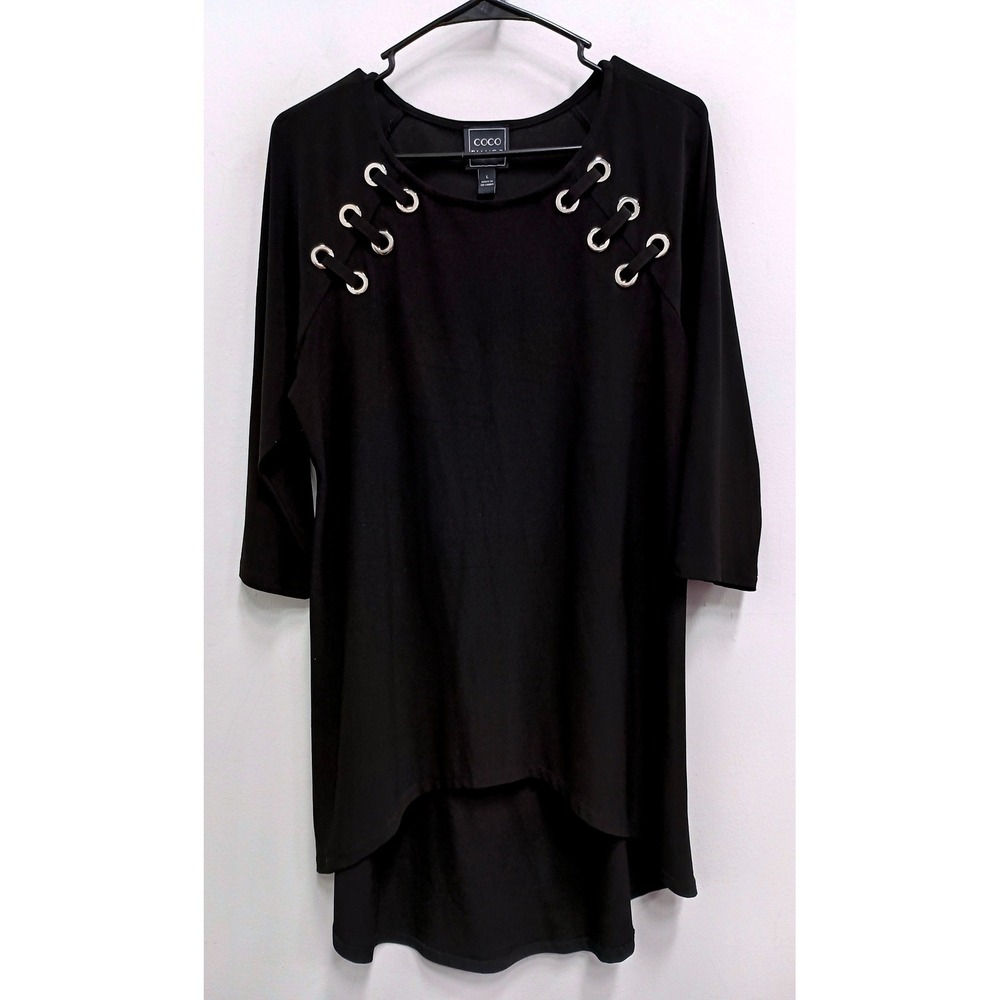 Coco Bianco Tunic Top Womens L Black High Low Grommet Detail 3/4 Sleeve